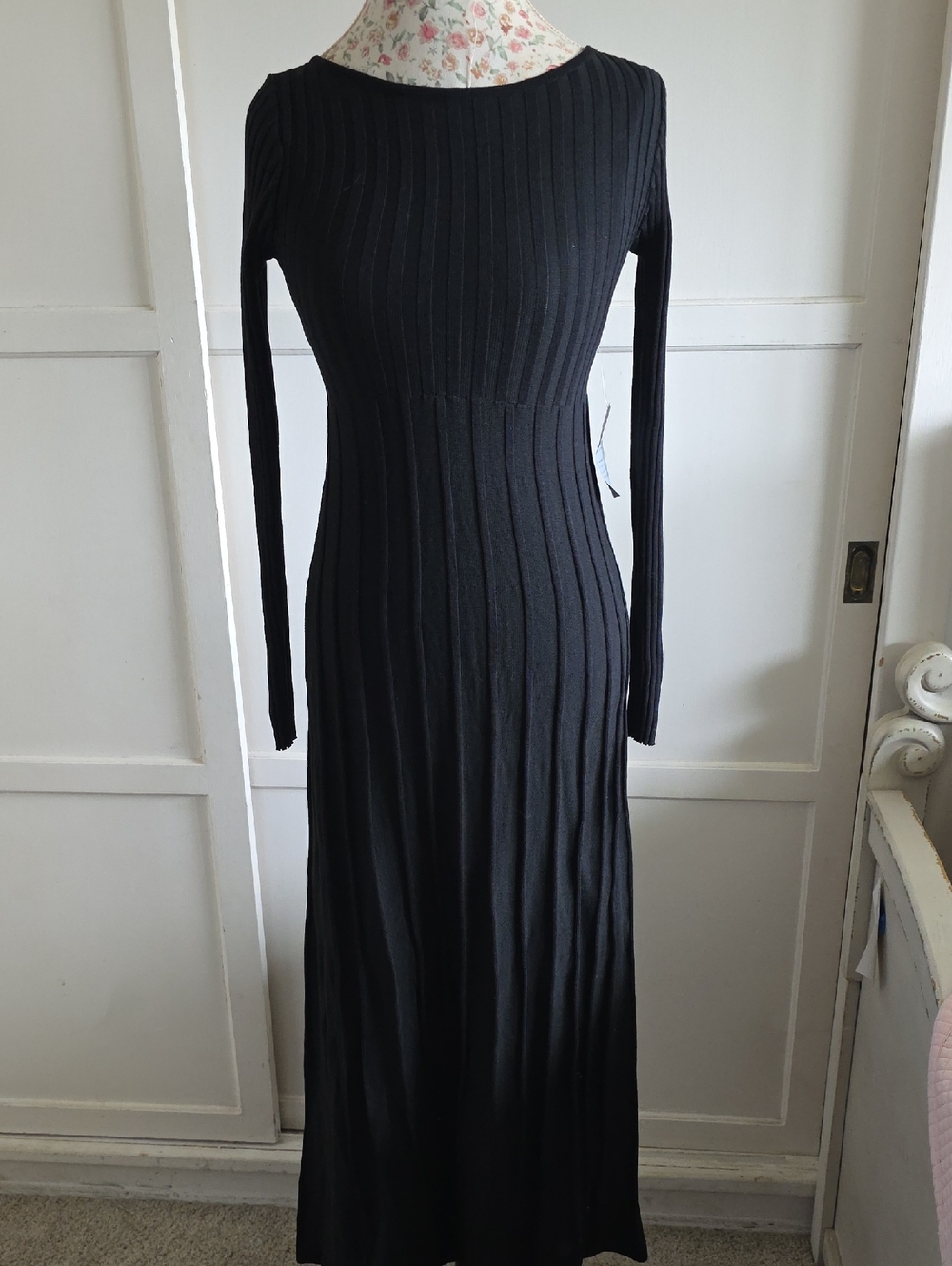 Nordstrom PETAL+PUP Black Long-Sleeve Ribbed Maxi Dress Size SMALL